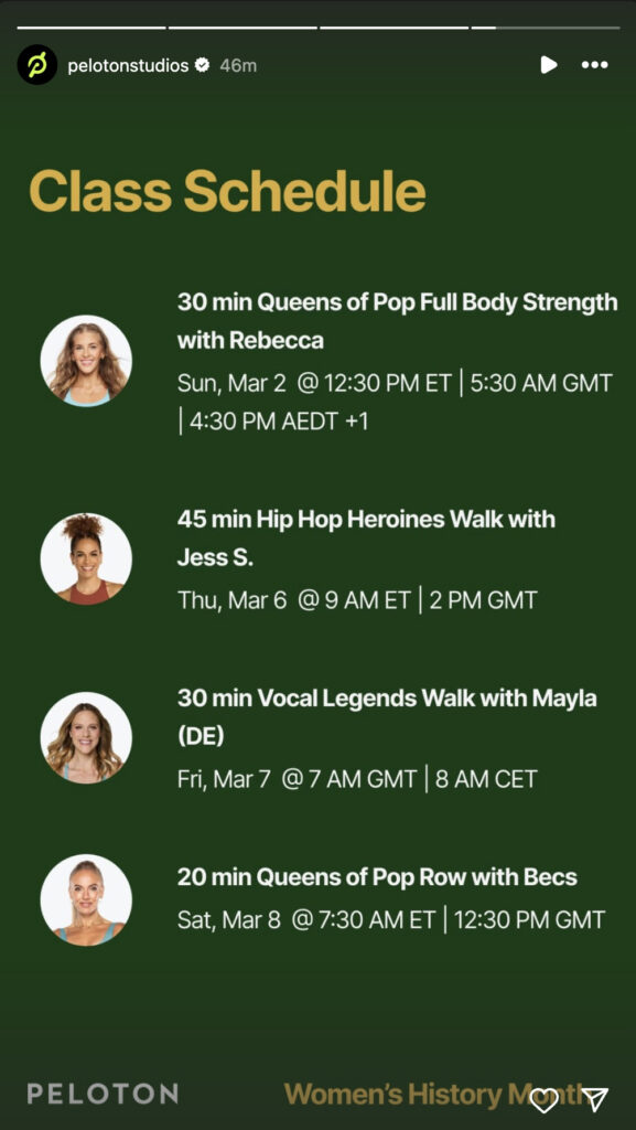 @PelotonStudios Instagram Story announcing Women's History Month classes.
